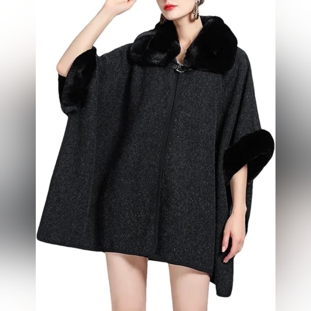 Creation poncho Women's Black Gray Wool Blend Faux Fur Size One Size Fits All